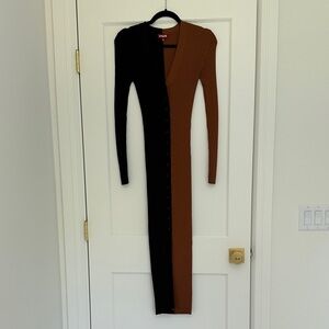 STAUD Shoko Two-Tone Black and Brown Long Sleeve Dress